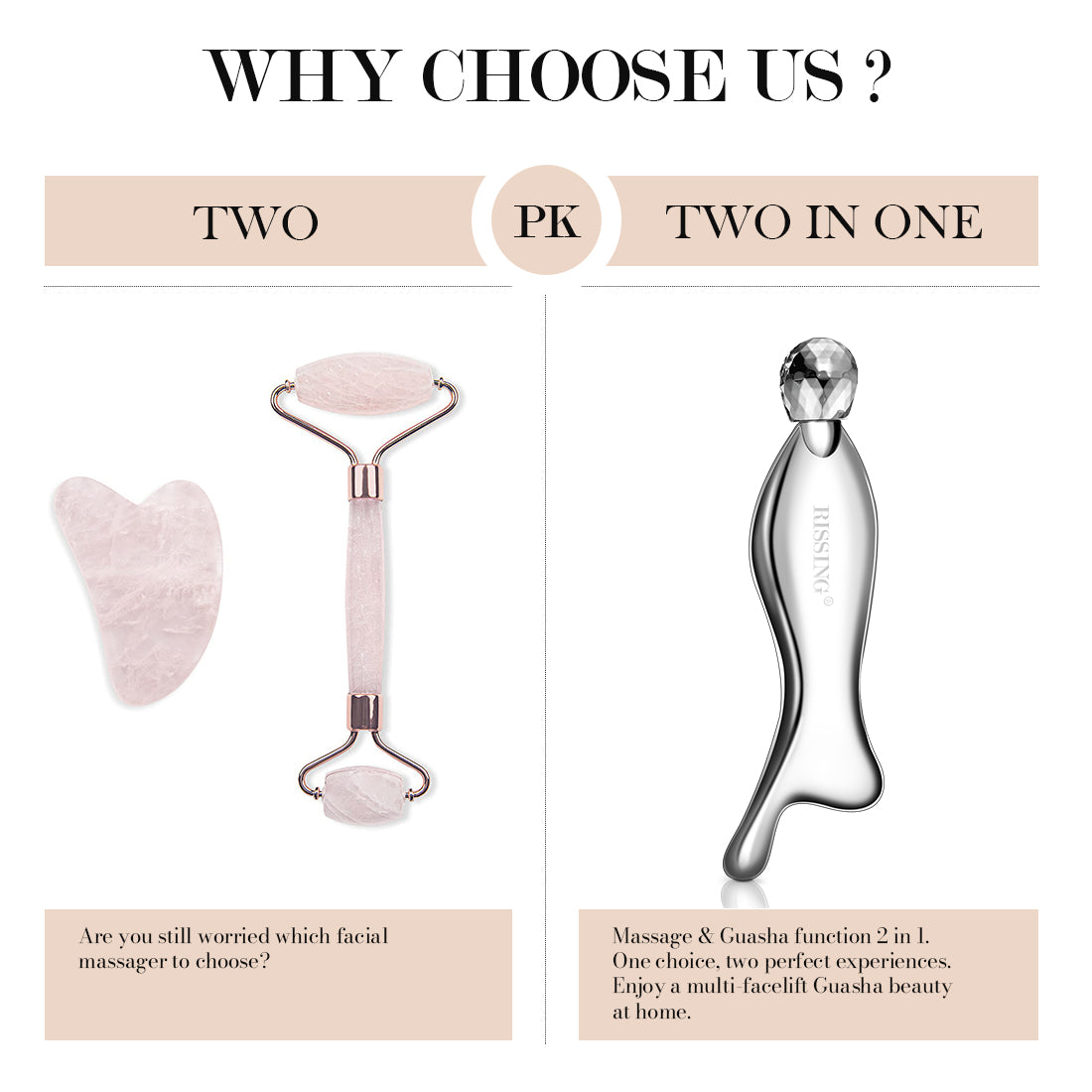 RISSING 4-in-1 Face Massager Set - Face Roller & Neck Massager, Stainless Steel Gua Sha Facial Tools - For Lymphatic Drainage, Cellulite Reduction, and Skin Tightening RI-AZ003