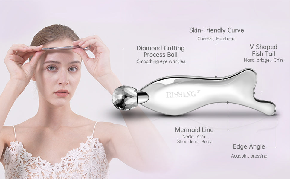 RISSING 4-in-1 Face Massager Set - Face Roller & Neck Massager, Stainless Steel Gua Sha Facial Tools - For Lymphatic Drainage, Cellulite Reduction, and Skin Tightening RI-AZ003