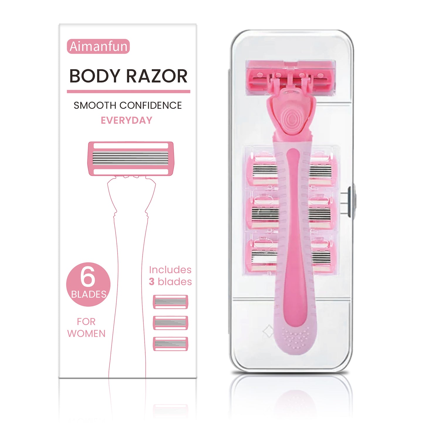 Aimanfun Body Razor with 1 Handle & 4 Blade Refills, Gentle Pubic Hair Shaver for Sensitive Skin, Female Razor for Bikini Area, Legs, Arms & Body